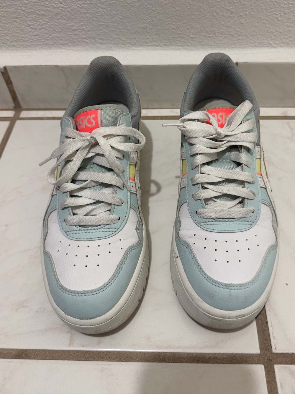 ASICS Sneakers in Light Blue, White, and Coral Accent